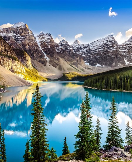 Træer og sø i Canada med bjergkæde i horisonten