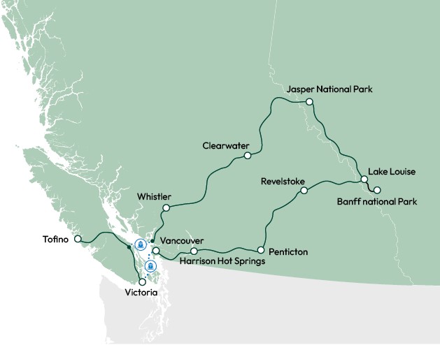 Kort over kør-selv-rute i det vestlige Canada